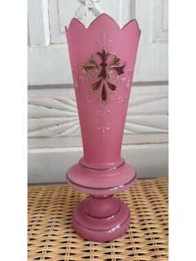 Antique Victorian Bristol Vase Pink Opaline Painted Gold Crest 12"